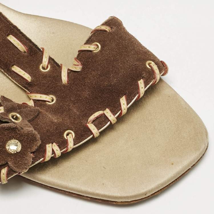 Pre Owned Louis Vuitton Brown Suede T-Strap Sandals Size 39