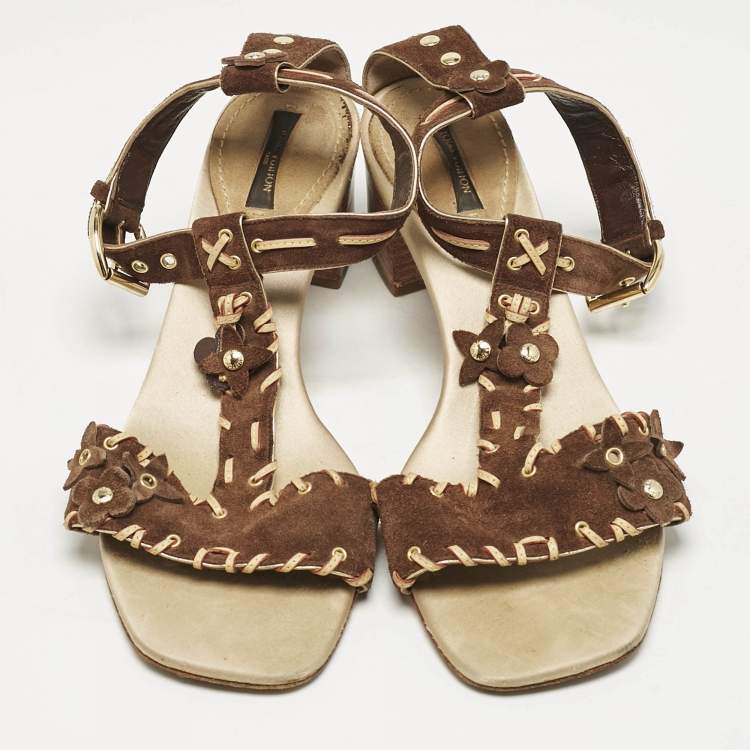 Pre Owned Louis Vuitton Brown Suede T-Strap Sandals Size 39