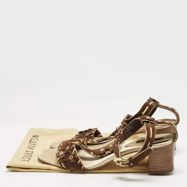 Pre Owned Louis Vuitton Brown Suede T-Strap Sandals Size 39