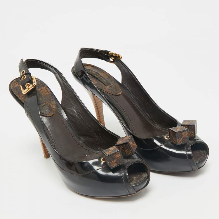 Pre Owned Louis Vuitton Brown Vernis Dice Peep Toe Slingback Pumps Size 38
