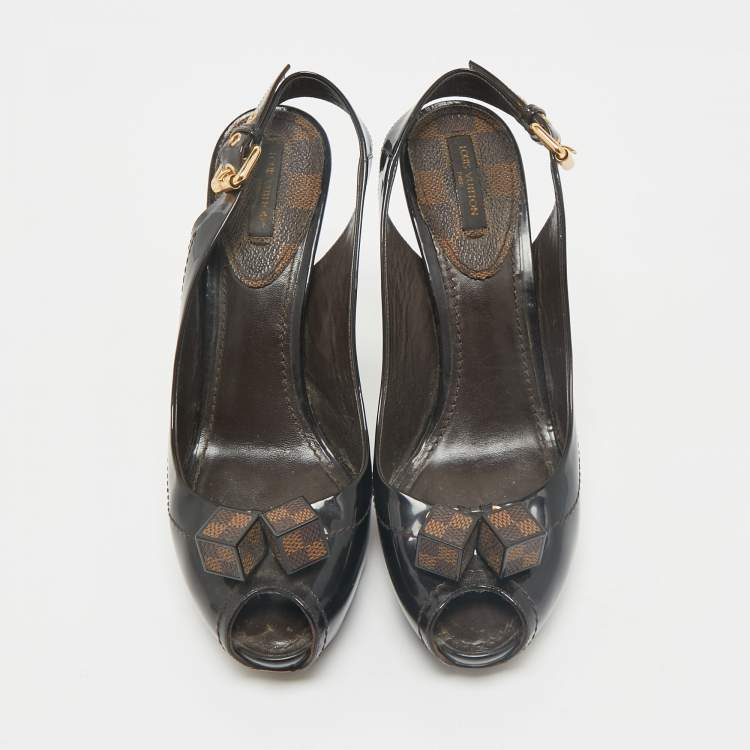 Pre Owned Louis Vuitton Brown Vernis Dice Peep Toe Slingback Pumps Size 38