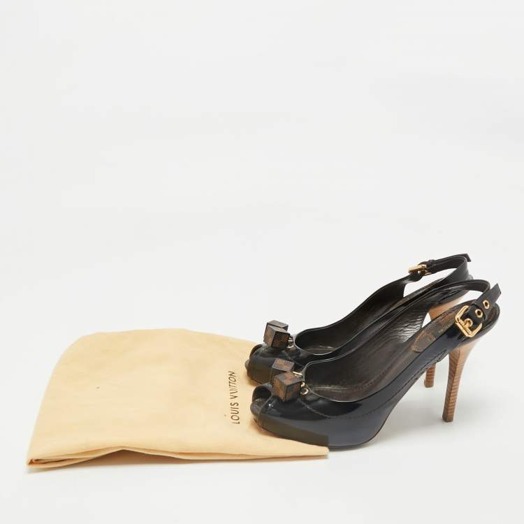 Pre Owned Louis Vuitton Brown Vernis Dice Peep Toe Slingback Pumps Size 38