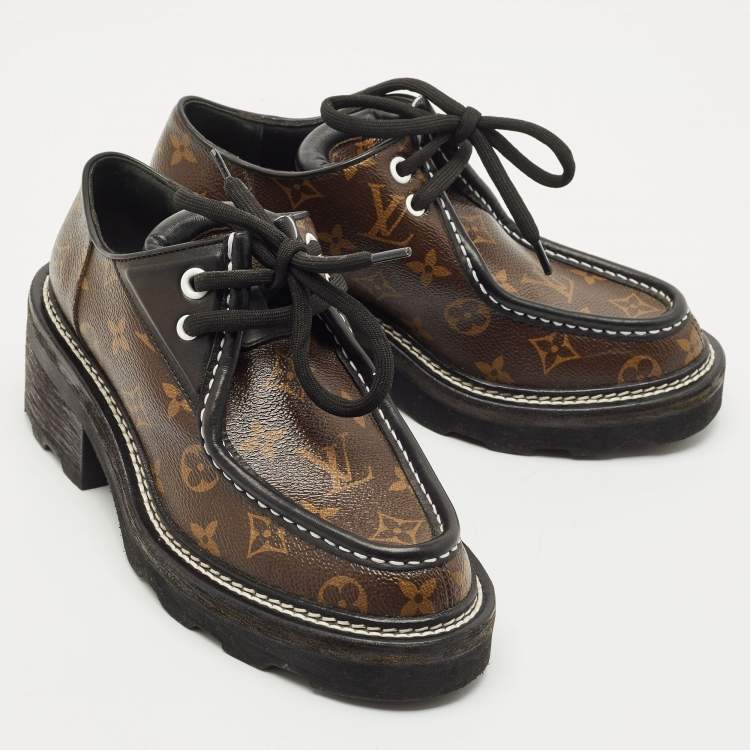 Pre Owned Louis Vuitton Black/Brown Leather And Coated Canvas Beaubourg Platform Derby Size 38