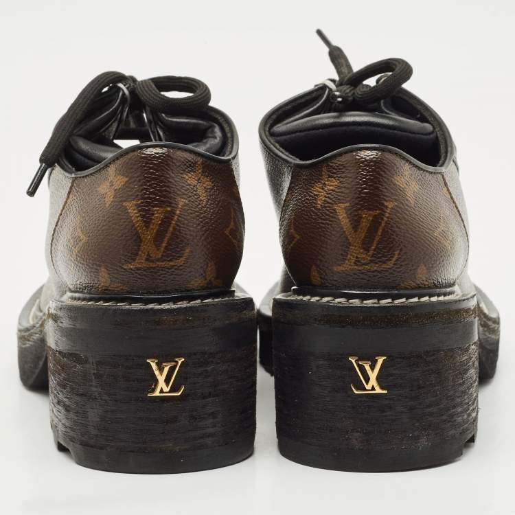 Pre Owned Louis Vuitton Black/Brown Leather And Coated Canvas Beaubourg Platform Derby Size 38