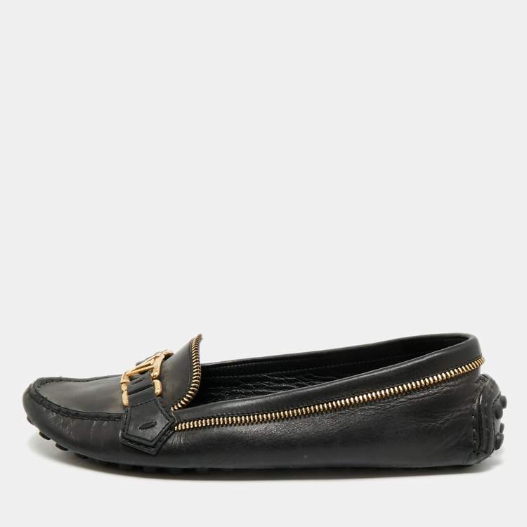 Pre Owned Louis Vuitton Black Leather Zipper Oxford Slip On Loafers Size 39.5