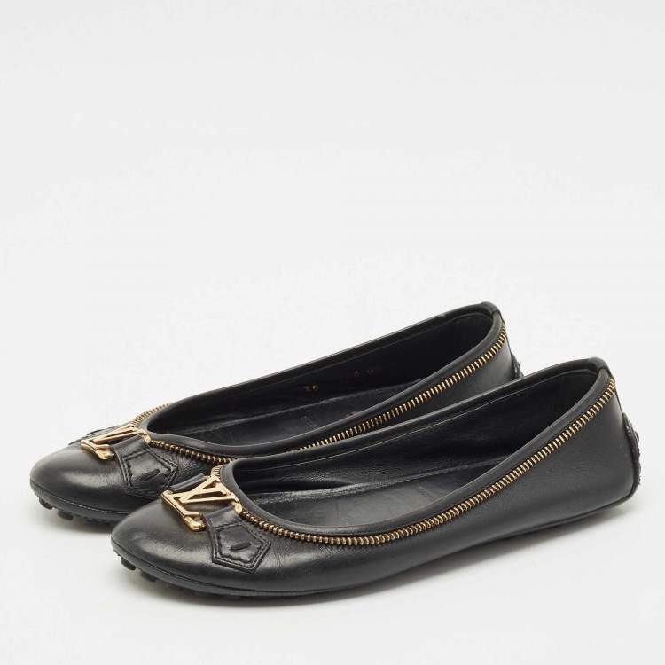 Pre Owned Louis Vuitton Black Leather Zipper Trim Oxford Ballet Flats Size 36