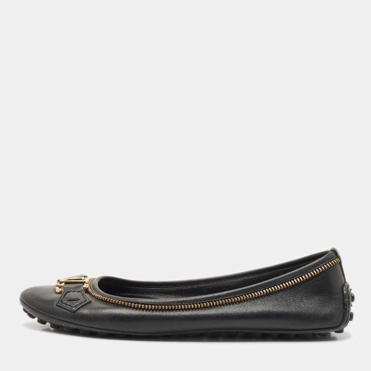 Pre Owned Louis Vuitton Black Leather Zipper Trim Oxford Ballet Flats Size 36