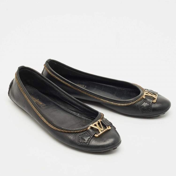 Pre Owned Louis Vuitton Black Leather Zipper Trim Oxford Ballet Flats Size 36