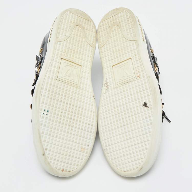 Pre Owned Louis Vuitton Black Patent Leather Blossom Floral Embellished Frontrow Sneakers Size 36