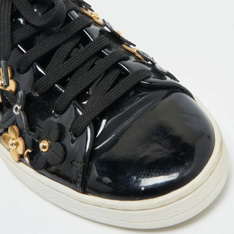 Pre Owned Louis Vuitton Black Patent Leather Blossom Floral Embellished Frontrow Sneakers Size 36