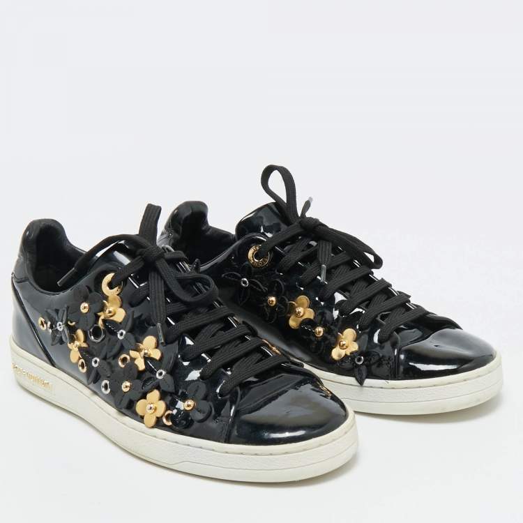 Pre Owned Louis Vuitton Black Patent Leather Blossom Floral Embellished Frontrow Sneakers Size 36