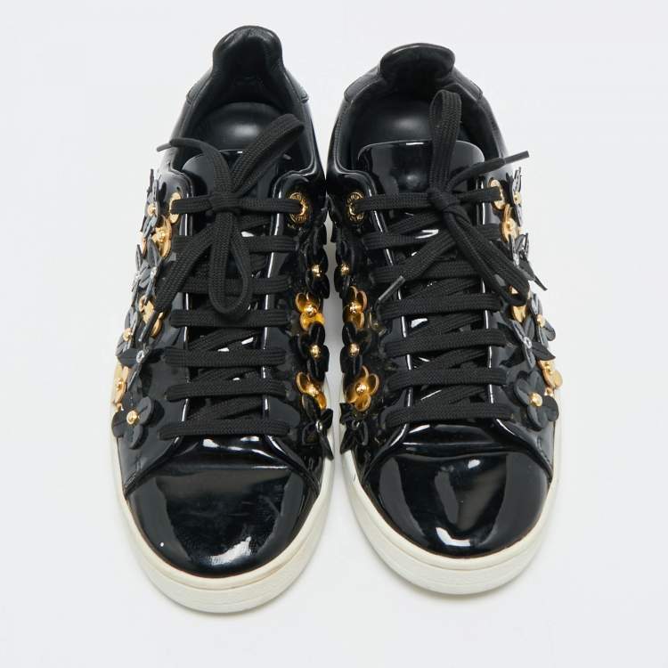 Pre Owned Louis Vuitton Black Patent Leather Blossom Floral Embellished Frontrow Sneakers Size 36