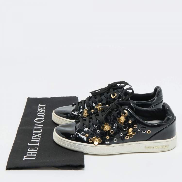 Pre Owned Louis Vuitton Black Patent Leather Blossom Floral Embellished Frontrow Sneakers Size 36