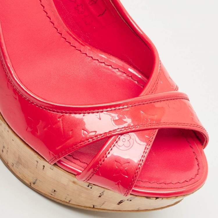 Pre Owned Louis Vuitton Red Monogram Vernis Patent Wedge Sandals Size 37.5