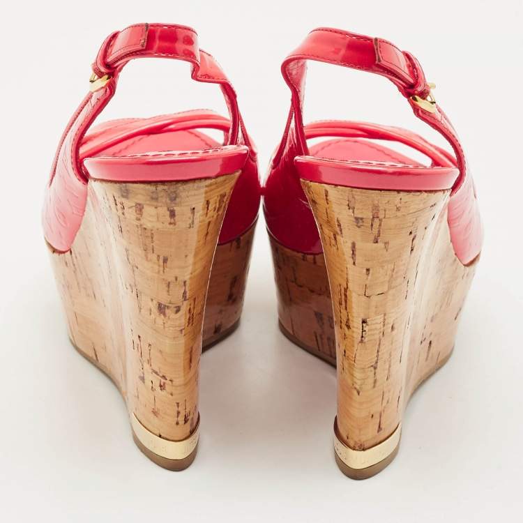 Pre Owned Louis Vuitton Red Monogram Vernis Patent Wedge Sandals Size 37.5