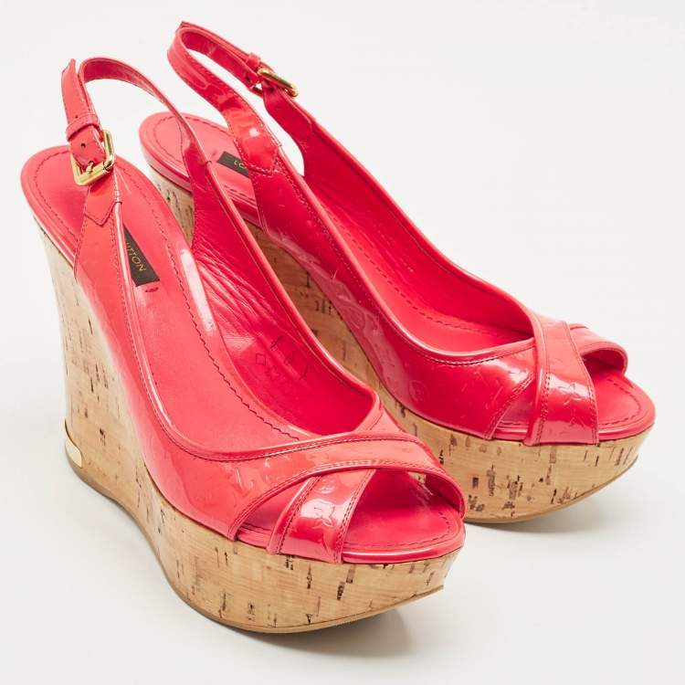 Pre Owned Louis Vuitton Red Monogram Vernis Patent Wedge Sandals Size 37.5