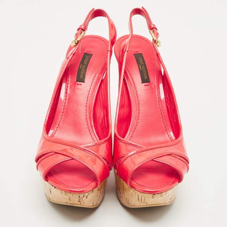 Pre Owned Louis Vuitton Red Monogram Vernis Patent Wedge Sandals Size 37.5