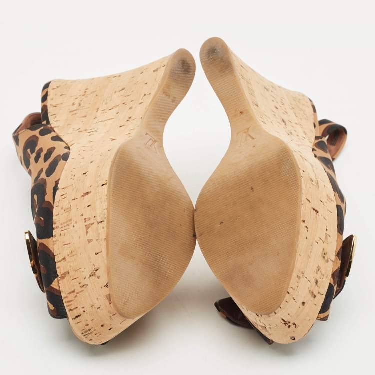 Pre Owned Louis Vuitton Brown Leopard Print Fabric Bow Cork Wedge Platform Slingback Pumps Size 37.5
