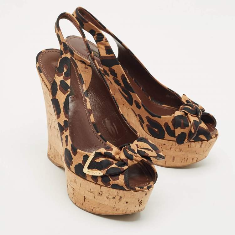 Pre Owned Louis Vuitton Brown Leopard Print Fabric Bow Cork Wedge Platform Slingback Pumps Size 37.5