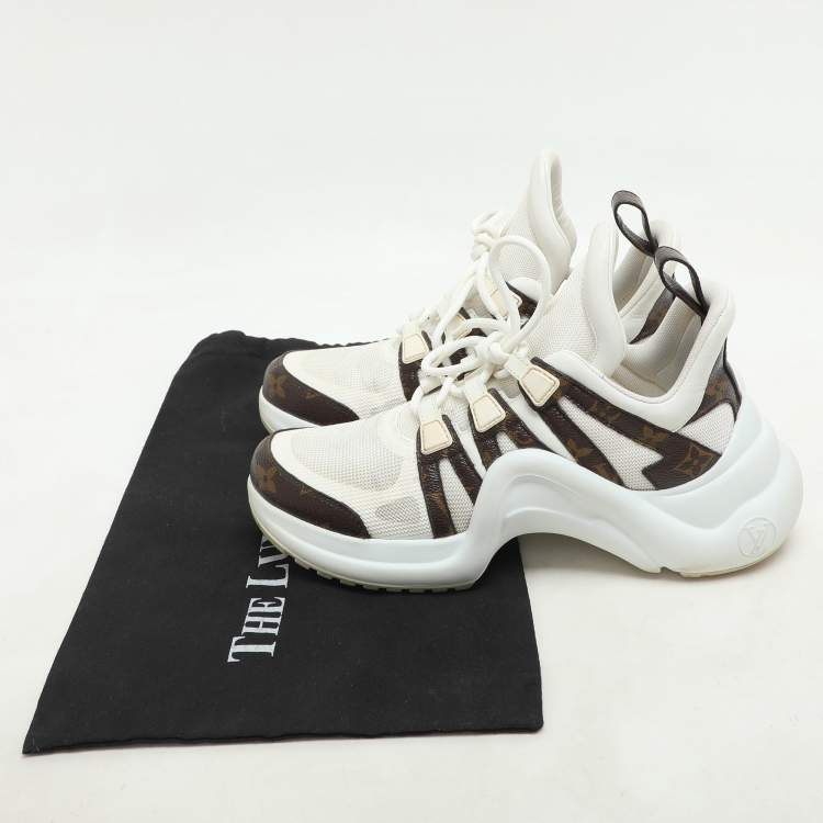 Pre Owned Louis Vuitton White/Brown Mesh and Monogram Coated Canvas Archlight Low-Top Sneakers Size 37.5
