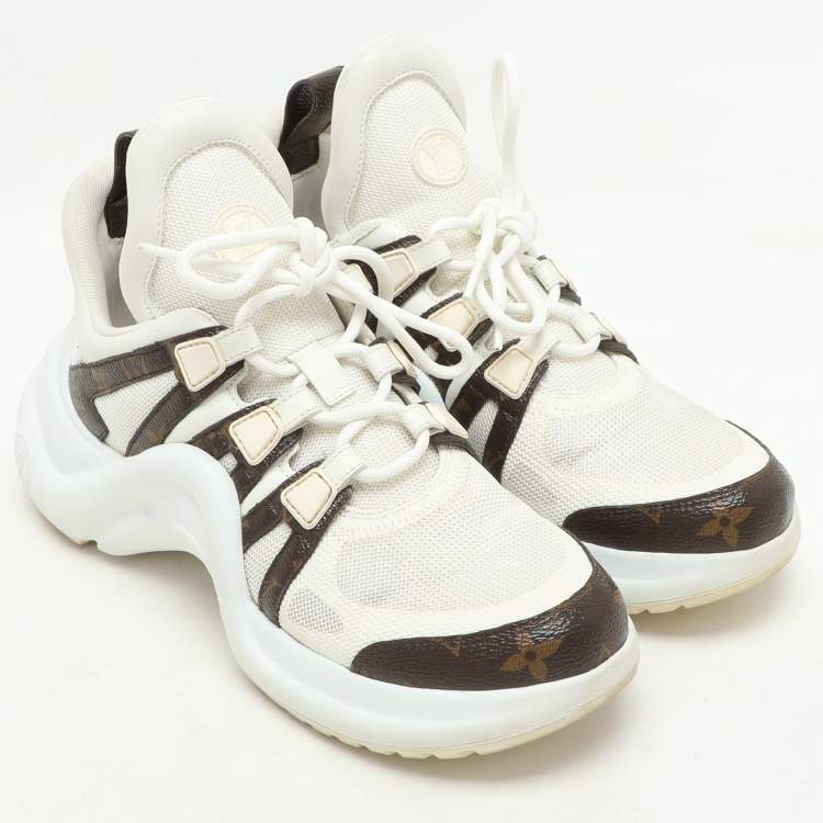Pre Owned Louis Vuitton White/Brown Mesh and Monogram Coated Canvas Archlight Low-Top Sneakers Size 37.5