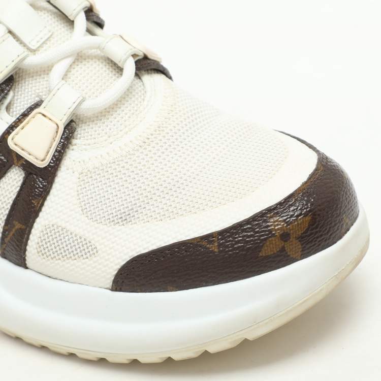 Pre Owned Louis Vuitton White/Brown Mesh and Monogram Coated Canvas Archlight Low-Top Sneakers Size 37.5