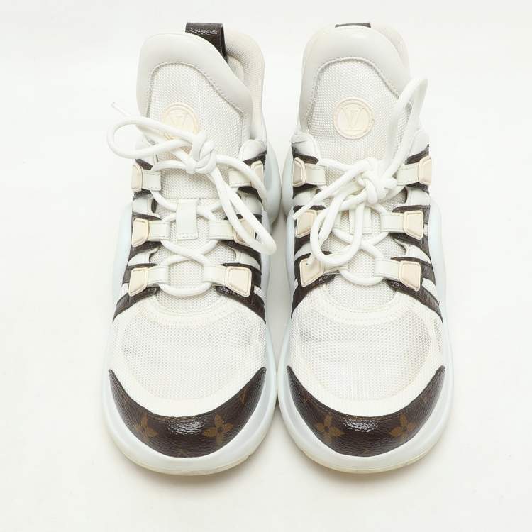 Pre Owned Louis Vuitton White/Brown Mesh and Monogram Coated Canvas Archlight Low-Top Sneakers Size 37.5