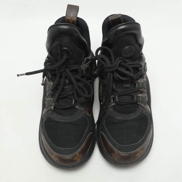 Pre Owned Louis Vuitton Black/Brown Satin, Mesh, Leather and Monogram Canvas Archlight Low-Top Sneakers Size 38