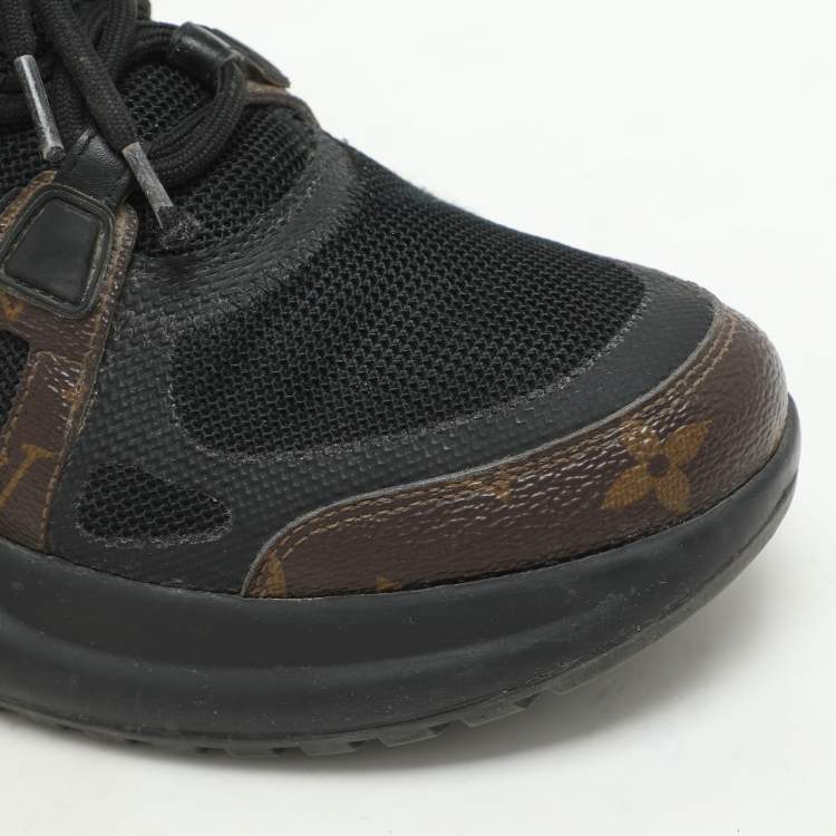 Pre Owned Louis Vuitton Black/Brown Satin, Mesh, Leather and Monogram Canvas Archlight Low-Top Sneakers Size 38