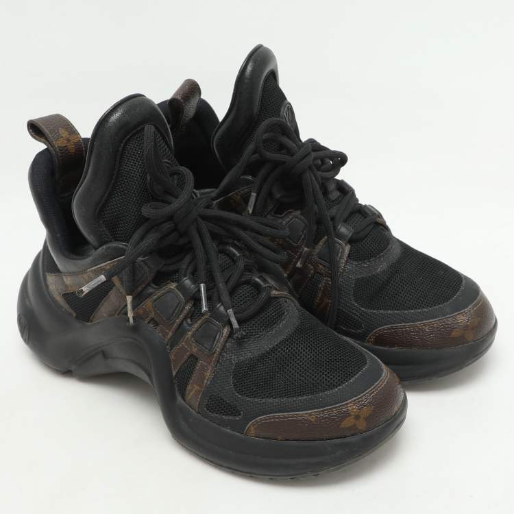 Pre Owned Louis Vuitton Black/Brown Satin, Mesh, Leather and Monogram Canvas Archlight Low-Top Sneakers Size 38