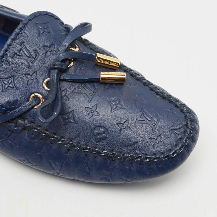 Pre Owned Louis Vuitton Monogram Blue Leather Gloria Bow Slip On Loafers Size 37