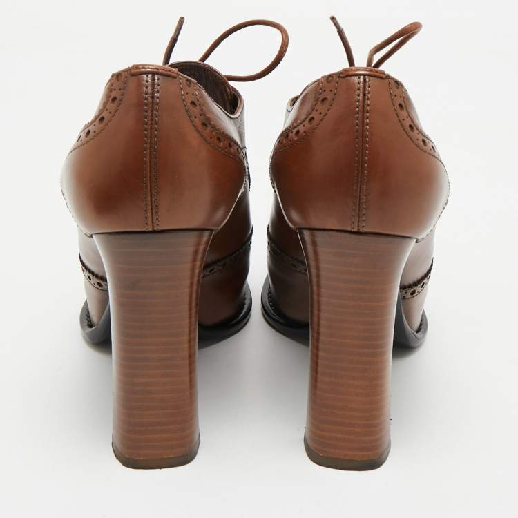 Pre Owned Louis Vuitton Brown Leather Oxford Platform Brogue Leather Booties Size 37.5