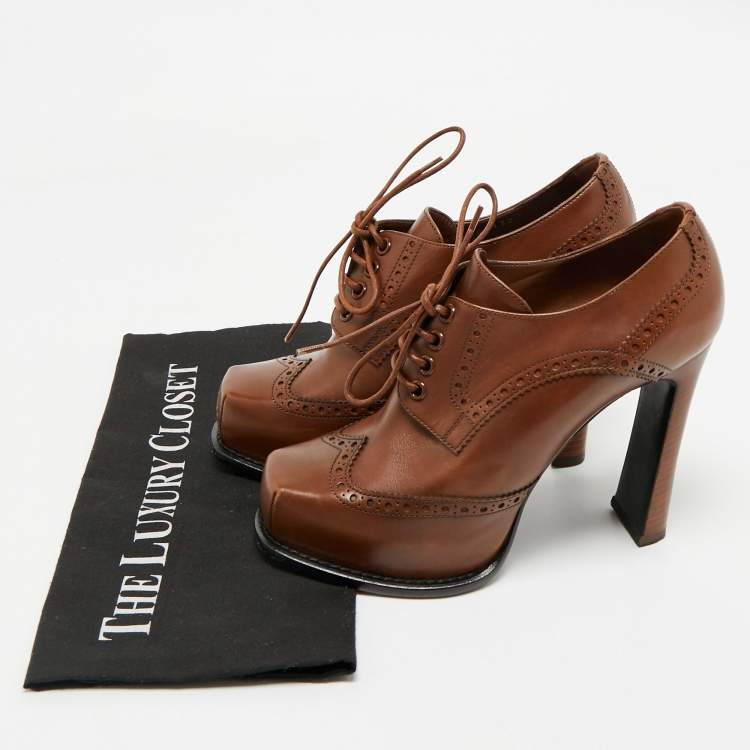 Pre Owned Louis Vuitton Brown Leather Oxford Platform Brogue Leather Booties Size 37.5