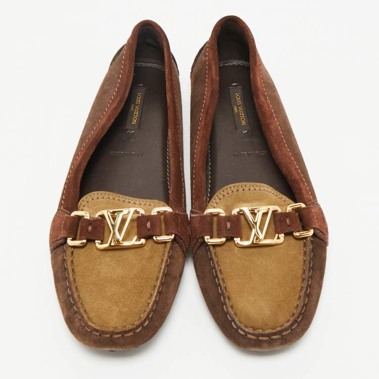 Pre Owned Louis Vuitton Brown/Beige Suede Oxford Slip On Loafers Size 38
