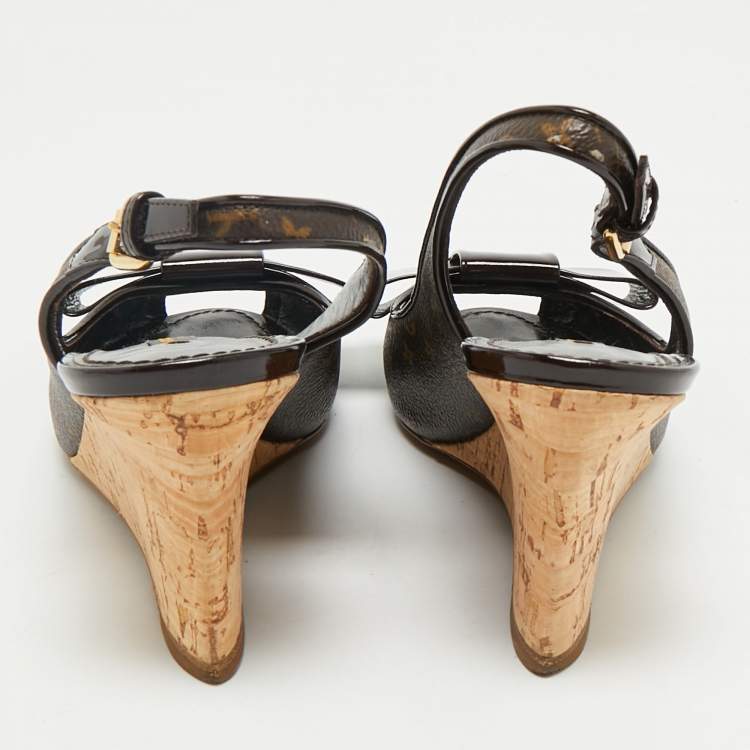 Pre Owned Louis Vuitton Brown Monogram Canvas and Patent Bow Rivoli Slingback Wedge Sandals Size 37.5
