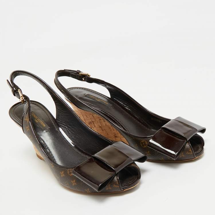 Pre Owned Louis Vuitton Brown Monogram Canvas and Patent Bow Rivoli Slingback Wedge Sandals Size 37.5