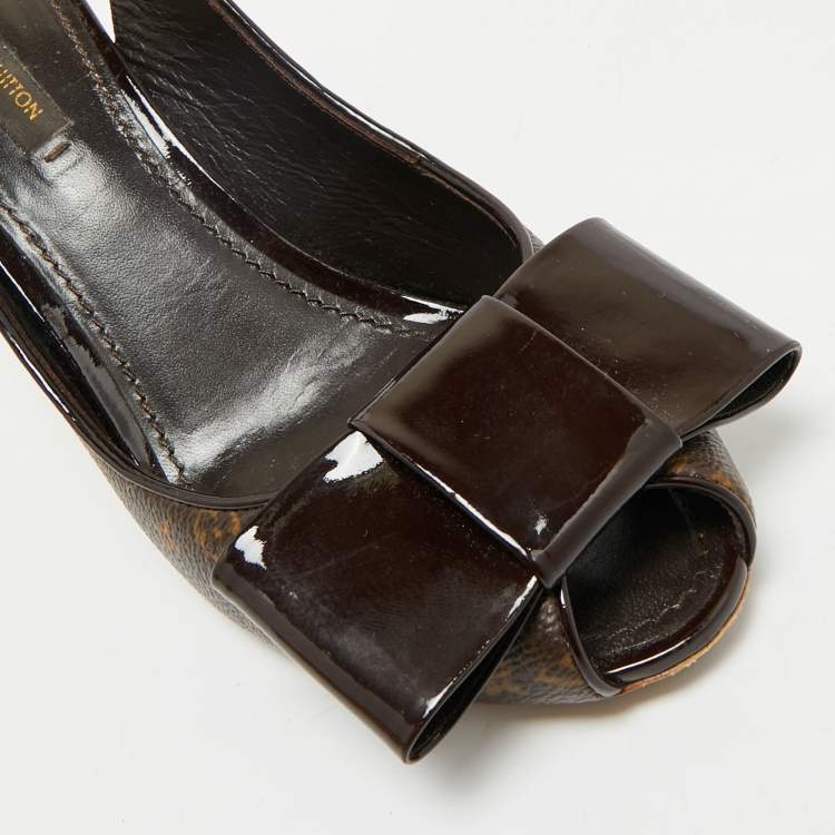 Pre Owned Louis Vuitton Brown Monogram Canvas and Patent Bow Rivoli Slingback Wedge Sandals Size 37.5