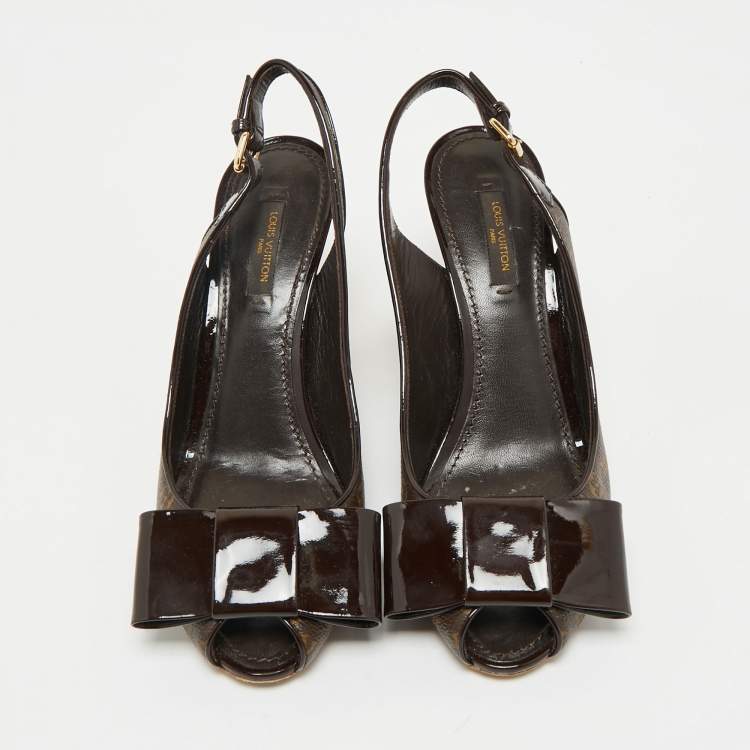 Pre Owned Louis Vuitton Brown Monogram Canvas and Patent Bow Rivoli Slingback Wedge Sandals Size 37.5