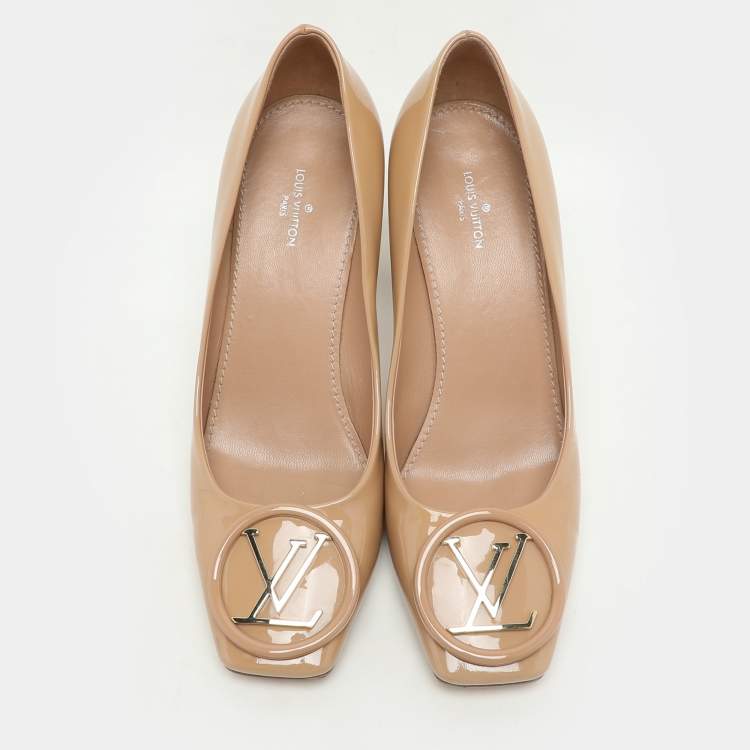 Pre Owned Louis Vuitton Beige Patent Leather Madeleine Block Heel Pumps Size 37