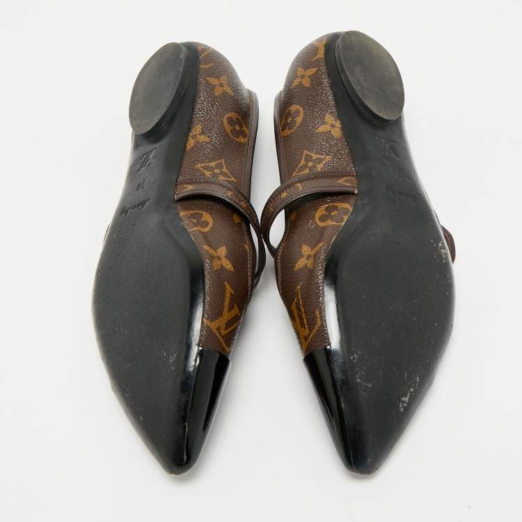 Pre Owned Louis Vuitton Brown/Black Monogram Canvas and Patent Ballet Flats Size 38