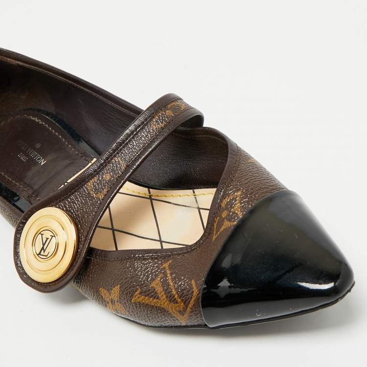 Pre Owned Louis Vuitton Brown/Black Monogram Canvas and Patent Ballet Flats Size 38