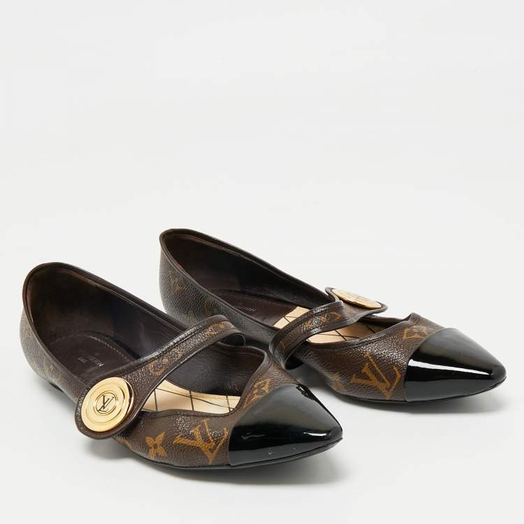 Pre Owned Louis Vuitton Brown/Black Monogram Canvas and Patent Ballet Flats Size 38