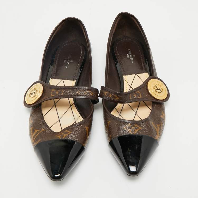 Pre Owned Louis Vuitton Brown/Black Monogram Canvas and Patent Ballet Flats Size 38