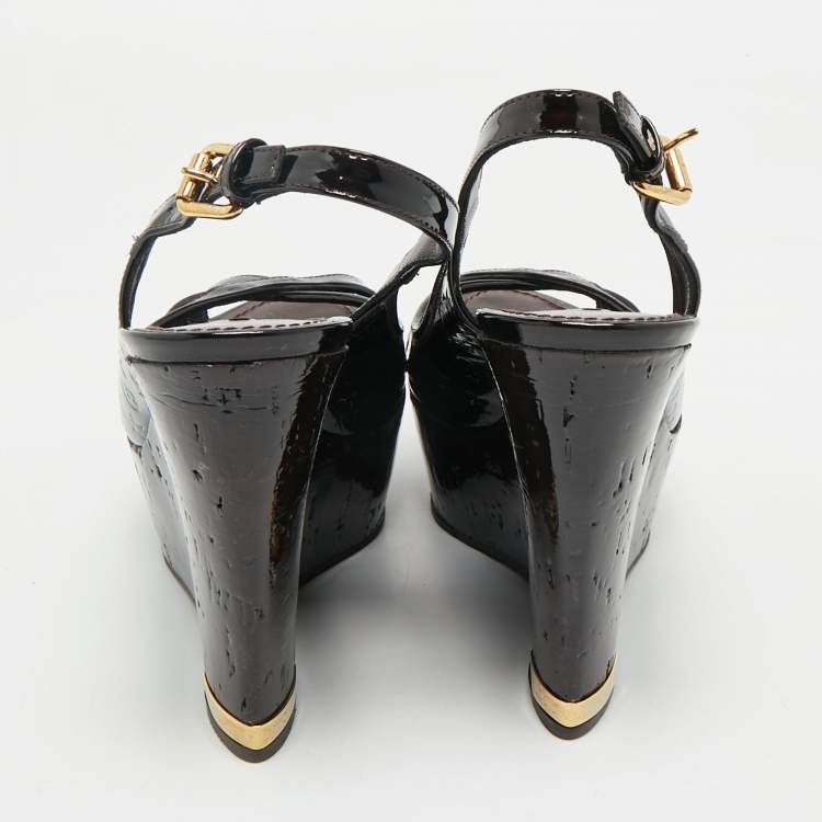 Pre Owned Louis Vuitton Burgundy Patent Leather Pantheon Wedge Sandals Size 37.5