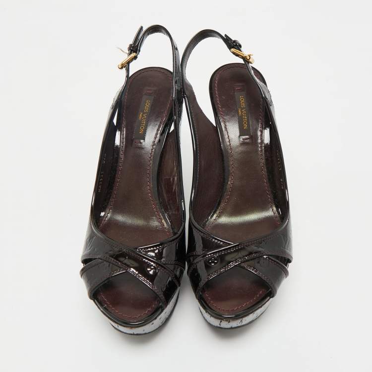 Pre Owned Louis Vuitton Burgundy Patent Leather Pantheon Wedge Sandals Size 37.5