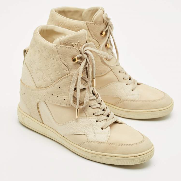 Pre Owned Louis Vuitton Cream Suede and Nubuck Leather Cliff Top Sneaker Boots Size 38.5