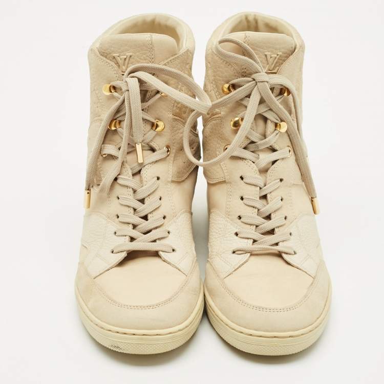 Pre Owned Louis Vuitton Cream Suede and Nubuck Leather Cliff Top Sneaker Boots Size 38.5