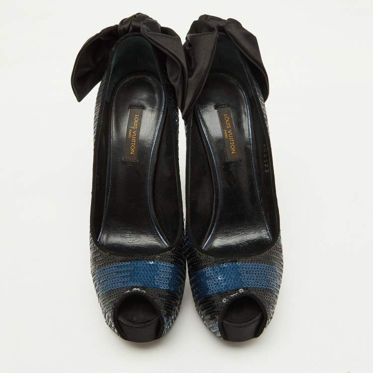 Pre Owned Louis Vuitton Black/Blue Sequins Platform Peep Toe Pumps Size 35.5