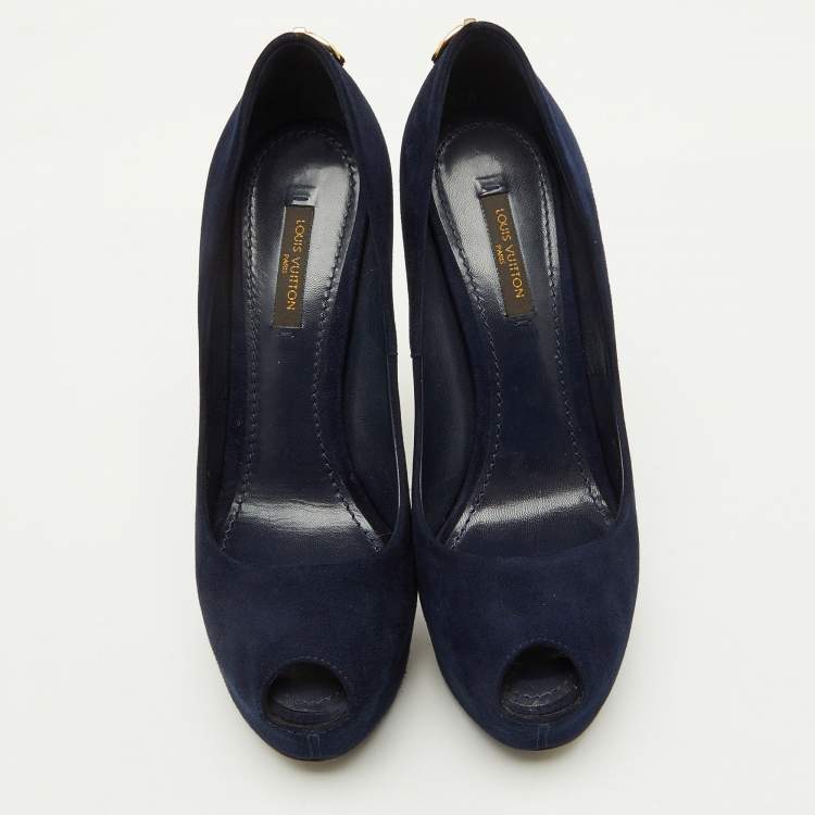 Pre Owned Louis Vuitton Navy Blue Suede Oh Really! Platform Peep Toe Pumps Size 36