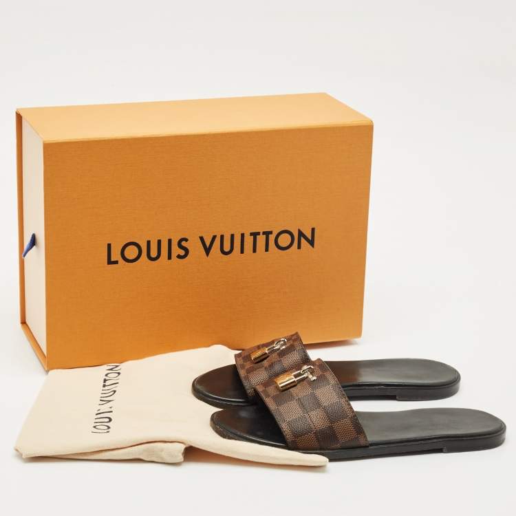 Pre Owned Louis Vuitton Brown Monogram Canvas Lock It Slides Sandals Size 38